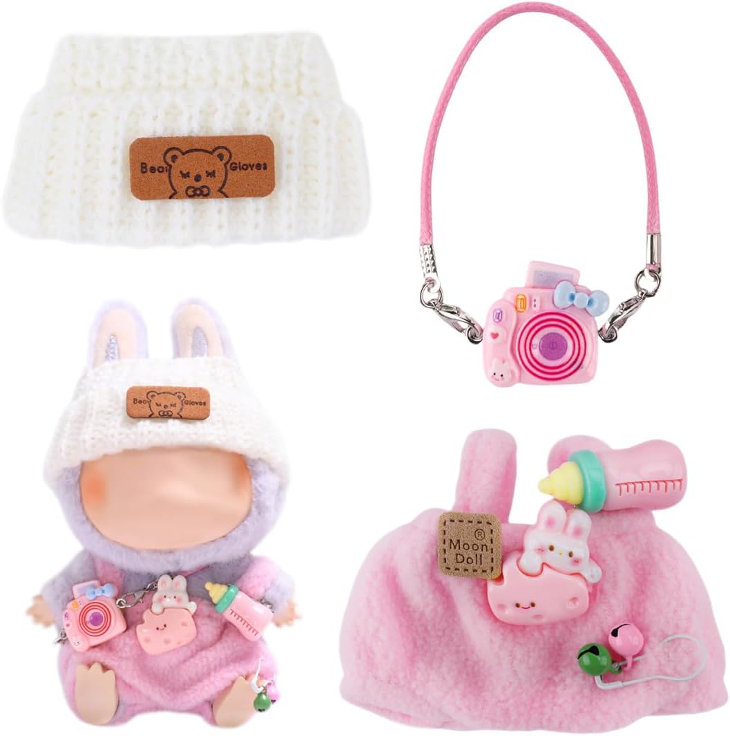 Pink Clothes for Labubu, Handcrafted Crochet 3-Piece Set for 17cm Labbu, Premium Outfit with Accessories for Labubu, Stylish Clothes for Labubu (Pink)
