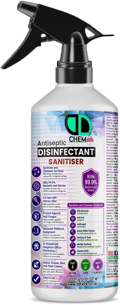 Antiseptic Disinfectant for First Aid, Wounds, Cuts, Sanitises & Cleanses Surfaces, Kills 99.9% Bacteria & Germs, for Derma Roller, Protect Against Nail Fungus, 500ML SPRAY