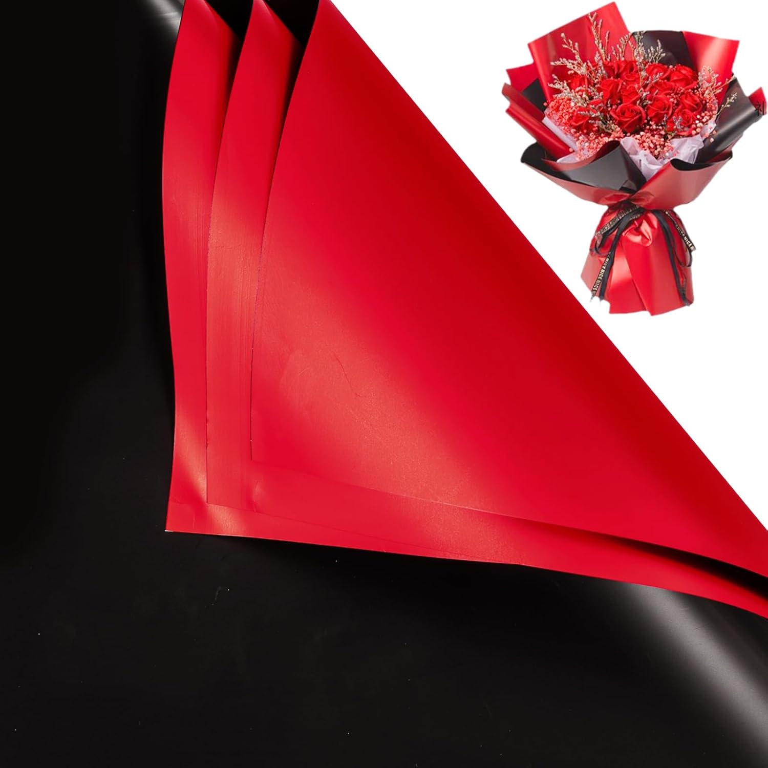 Gloreyan 20 Sheets Flower Wrapping Paper, Florist Bouquet DIY Craft Fresh Flower Bouquet Wrap Waterproof Floral Wrapping Gift Box Packaging Material Florist Supplies, 22.8 * 22.8 Inches(Red+Black)