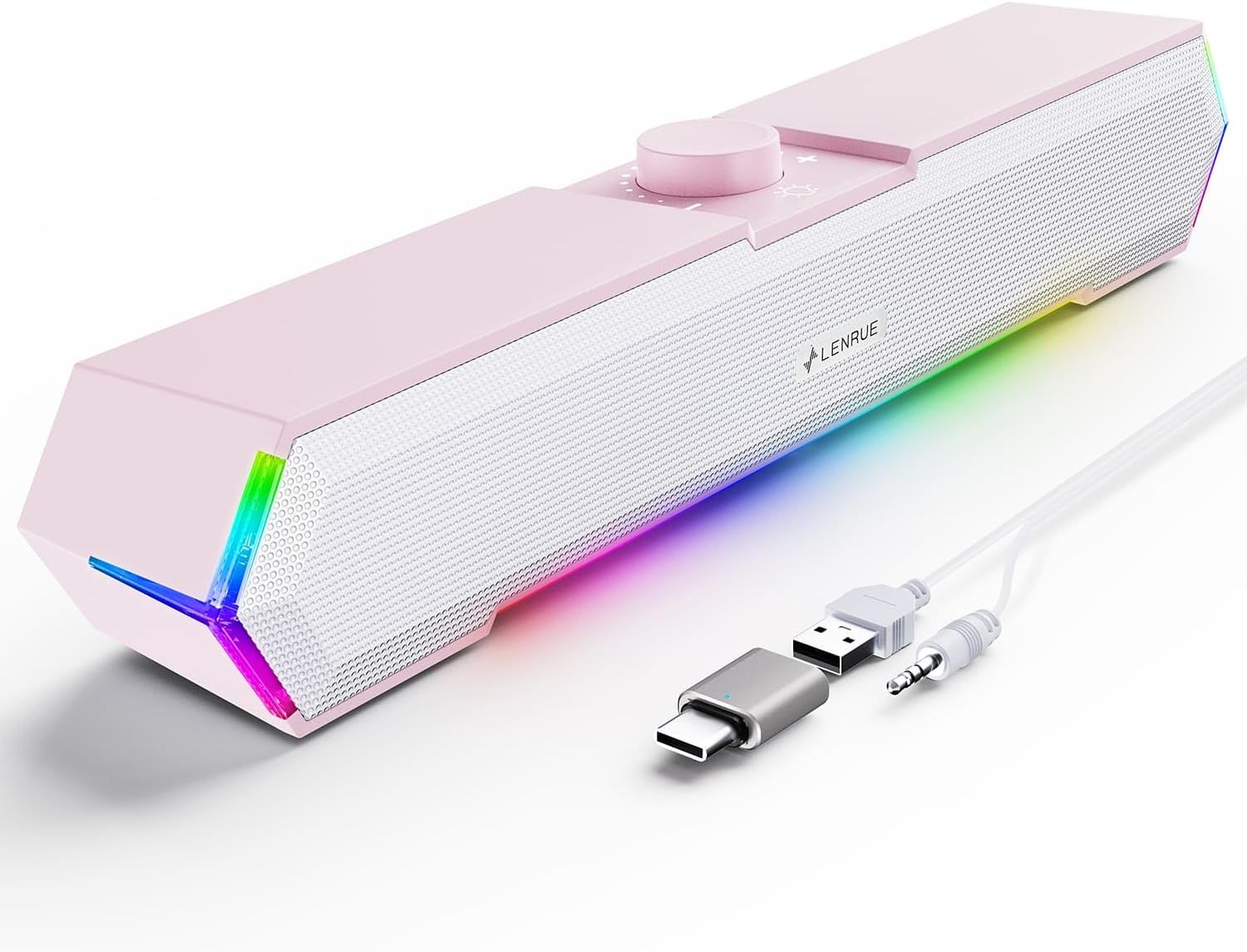 LENRUE G11 Computer Speakers for Desktop, Touch Lights PC Speakers with Surge Clear Sound, USB C/USB Powered, AUX Audio for Computer Desktop PC Laptop Desk (Light Pink)