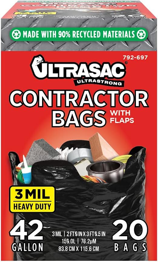Ultrasac Contractor Bags 42 Gallon (20 PACK/w FLAP TIES), 32.75 x 44.5-3 MIL Thick Large Black Heavy Duty Industrial Garbage Trashbags for Professional Construction and Commercial use