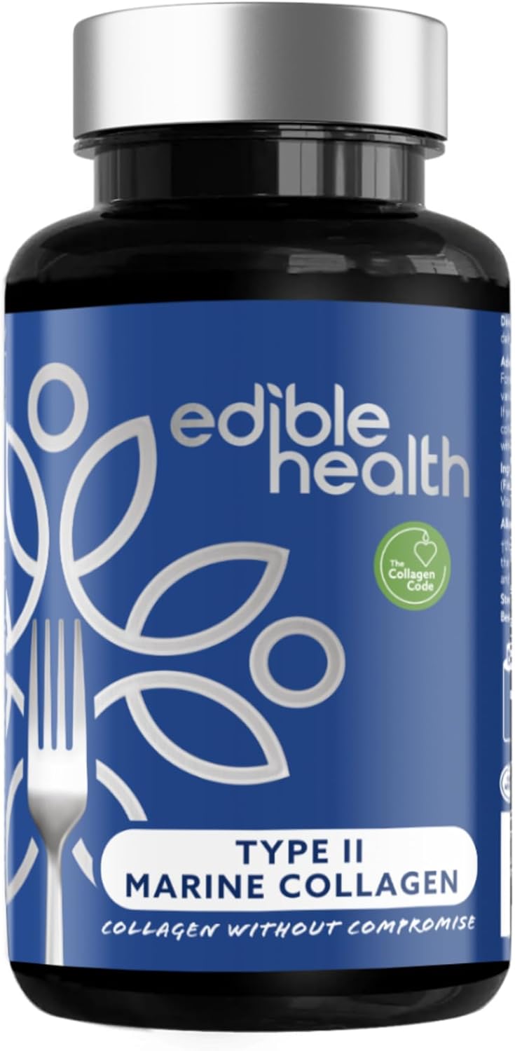 Edible Health Hydrolysed Marine Collagen Type II Capsules – 1025mg with Hyaluronic Acid & Vitamin C, High Strength Skin & Joint Support – 60 Caps