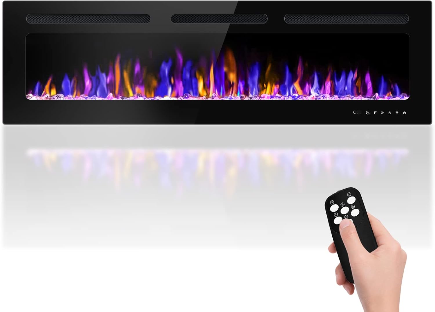 60" Electric Fireplace Wall Mounted and Recessed with Remote Control, 750/1500W Ultra-Thin Wall Fireplace Heater W/Timer Adjustable Flame Color and Brightness, Log Set & Crystal Options