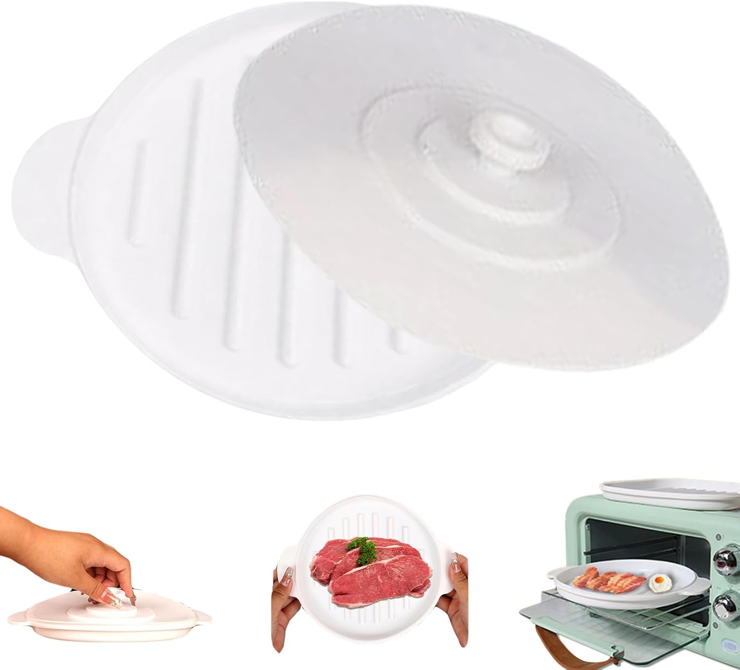 Wedhapy Microwave Bacon Tray with Lid 9.5x7.8 Inch Bacon Crisper Round Silicone Baking Pan Heat-Resistant Bacon Tray with Dual Ears for Cooking Roasting Steaming HOME