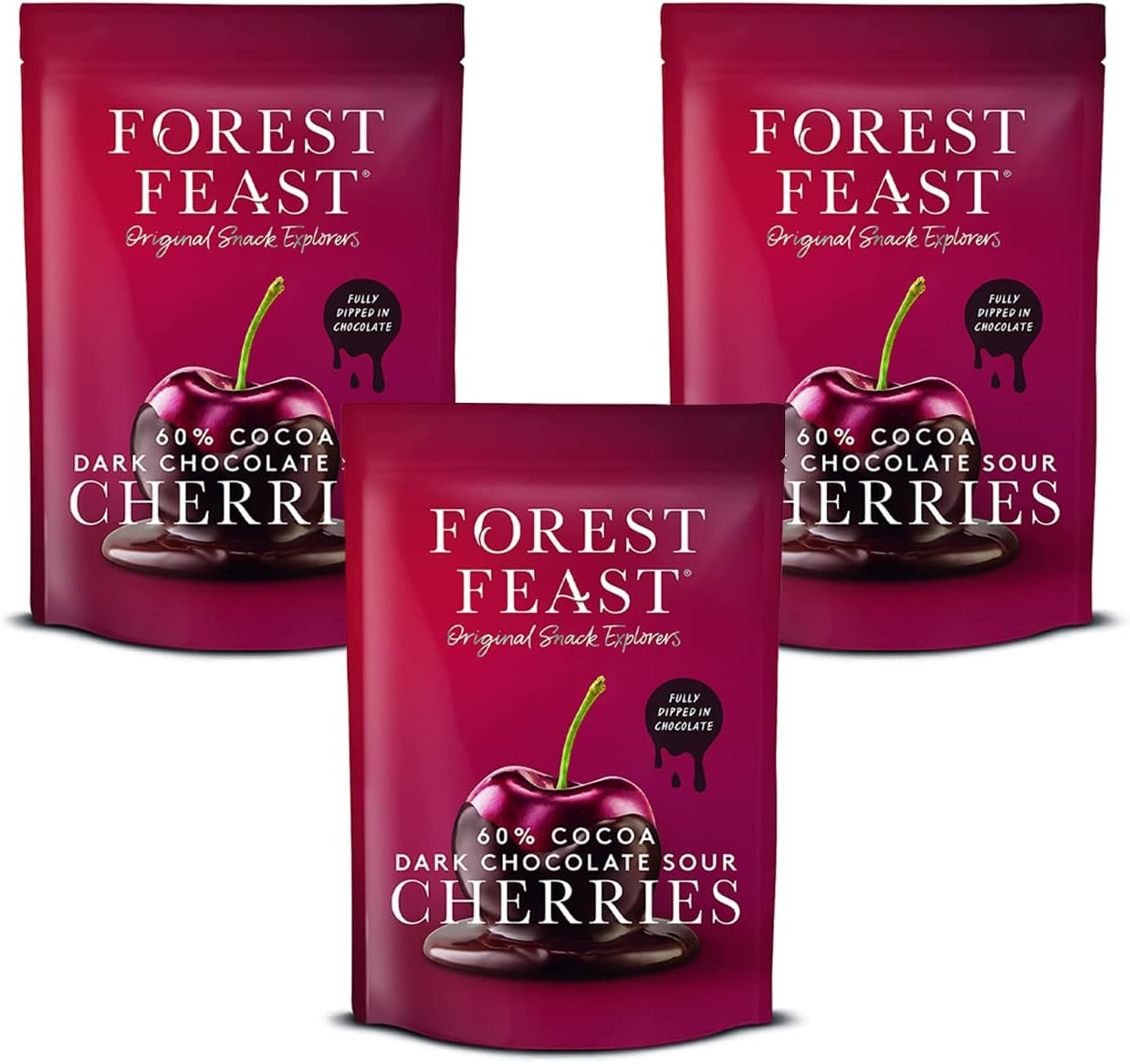 Forest Feast Dark Chocolate Sour Cherries 3 x 120g | 60% Cocoa Dark Chocolate Covered Sour Cherries | Vegan & Gluten Free Chocolate Snack