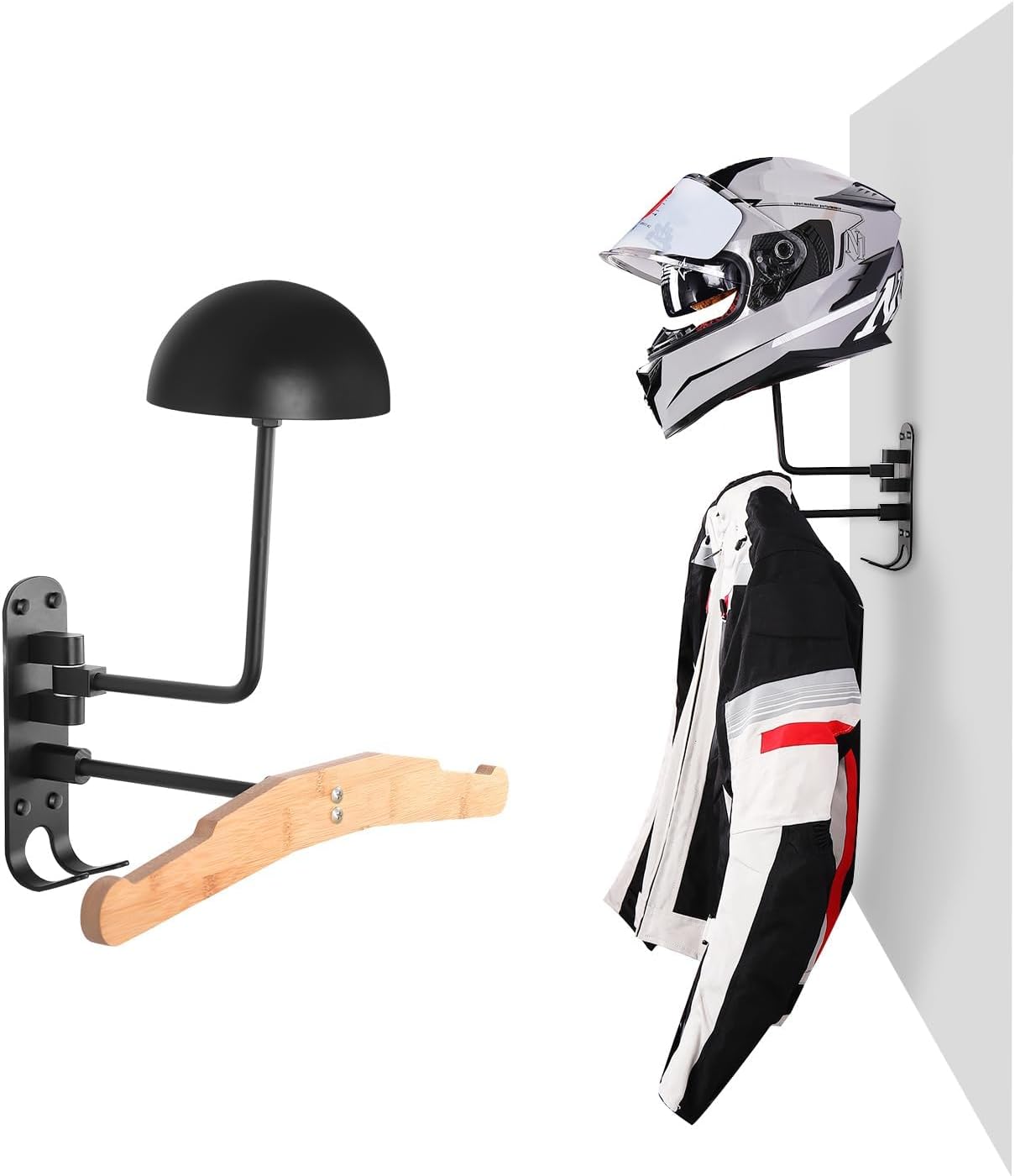 motofans helmet stand, Rotation Metal Helmet Holder Wall Mount, Helmet Holder Bike with 2 Hooks Helmet Hanger for motorbike, Caps, Baseballs, Rugby Helmet