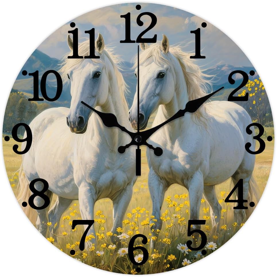 CHGCRAFT White Horses Wall Clock 12 Inch Wildflowers Clock Battery Operated Silent Non Ticking Snow Capped Mountains Round Decorative Clocks for Home Office Decoration