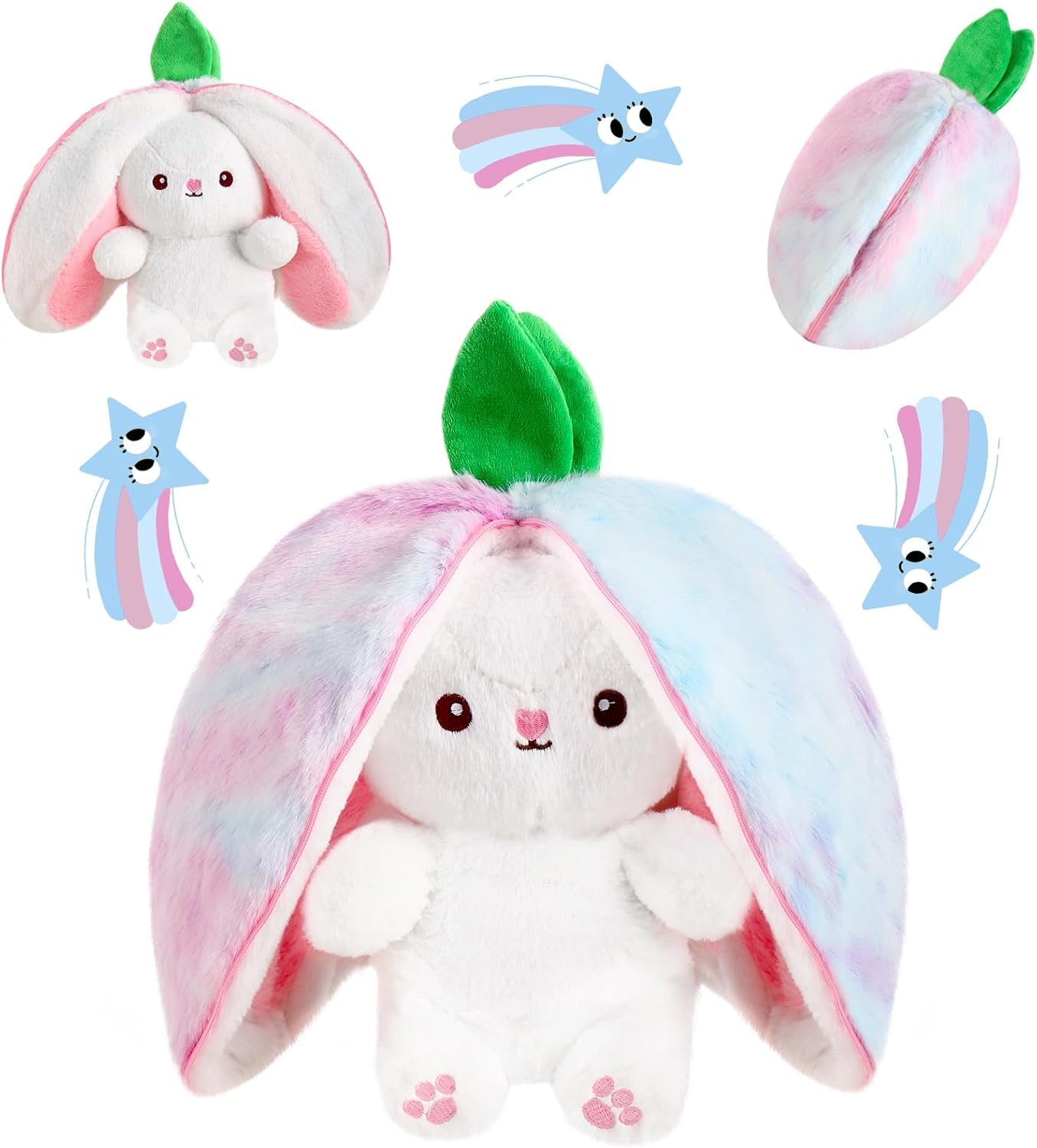 MIAODAM Strawberry Bunny Stuffed Animal, Cute Reversible Plush Nebula & Strawberry to Rabbit Doll, Funny Bunny Toy for Babies and Children (7 Inch)