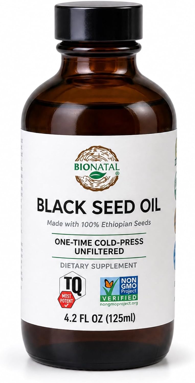BioNatal Ethiopian Black Seed Oil 4.2oz Glass– Cold Pressed Nigella Sativa Producing Black Cumin Seed Oil, Unrefined & Non-Filtered, High TQ Up to 4.64% – Supports Immune System, Digestion & Joints