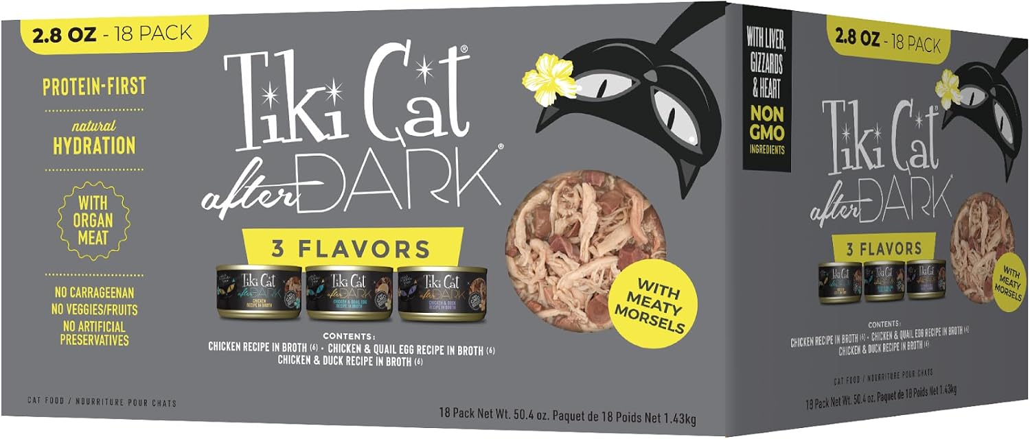 Tiki Cat After Dark Wet Cat Food for Adult Cats, Whole Foods Variety Pack, 2.8 oz. Cans (Pack of 18)