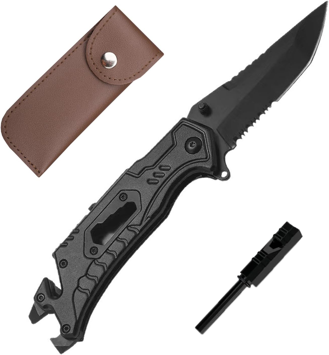 Multitool Folding Pocket Tool with Fire Steel – Stainless Steel Survival Multitool for Camping, Hiking & Outdoor Use, Multi-Function Gear with Rope Cutter, Whistle, Bottle Opener & Belt Clip