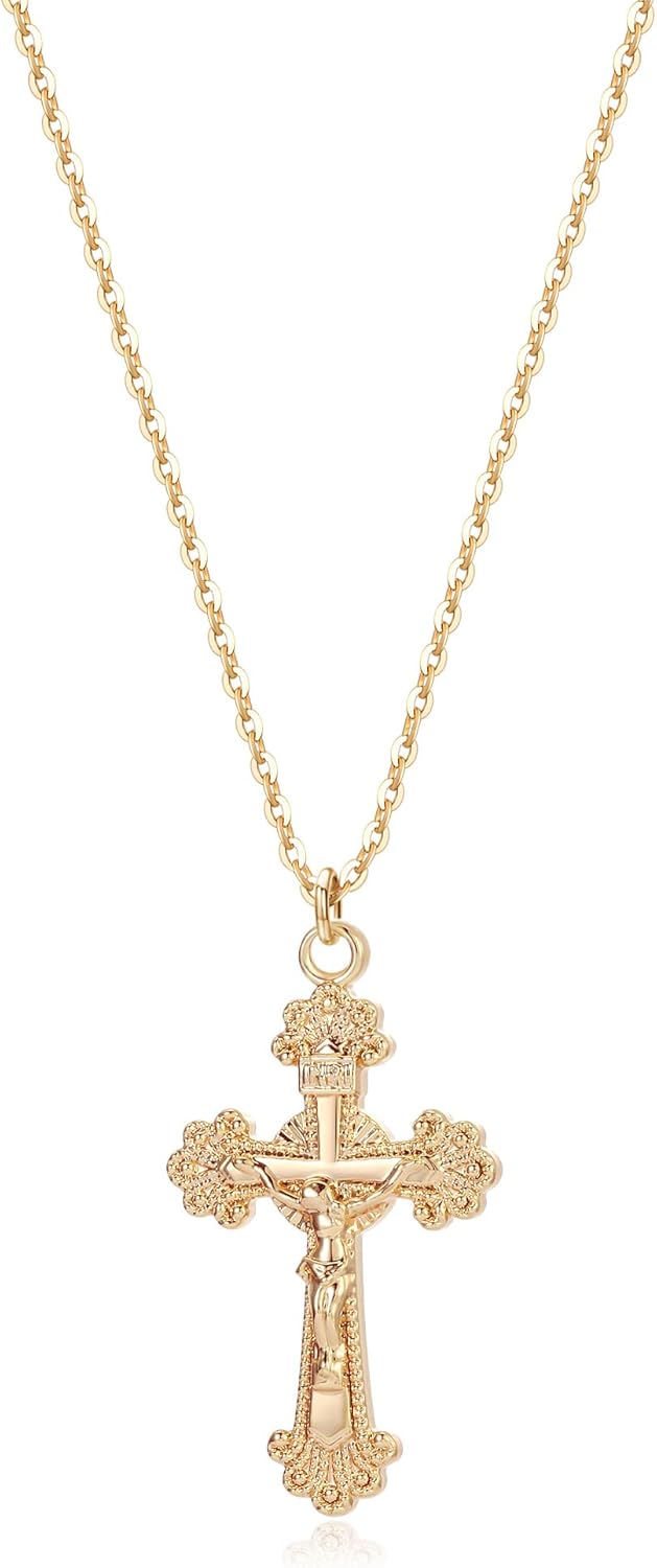 Fettero Cross Necklace Faith Pendant 14K Plated Dainty Chain Minimalist Simple Tiny God Lords Prayer Religious Jewelry