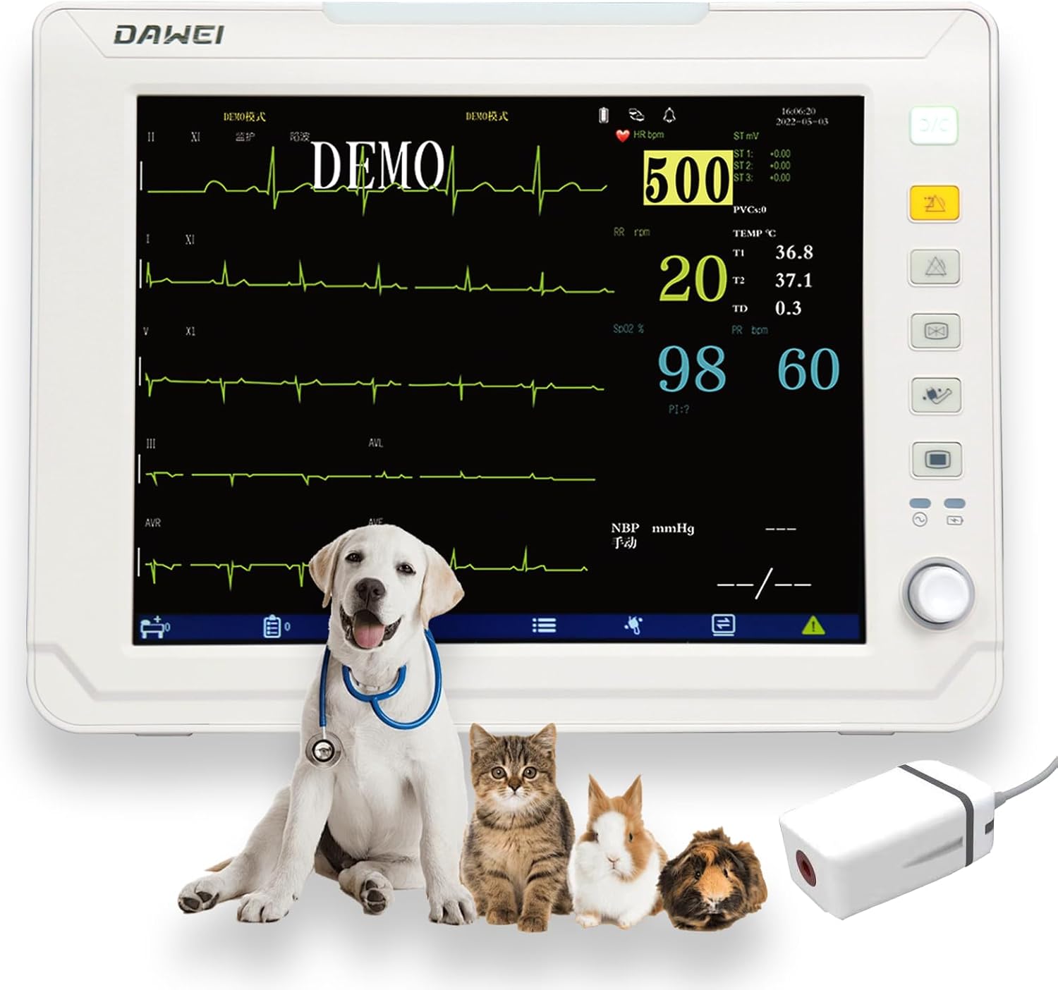 Veterinary Patient Monitor with ETCO2 Capability - 12.1'' Multiparameter Vet Patient Monitor for Dogs, Cats & Animals Use | ICU Machine ETCO2, ECG, SPO2/HR, NIBP, RESP, Temperature Monitoring