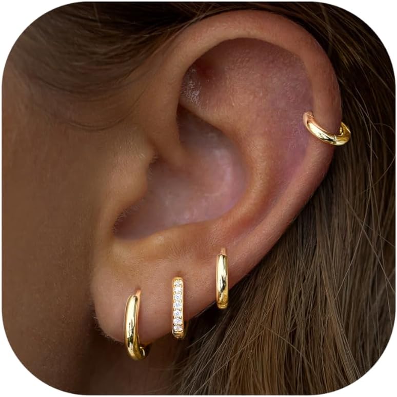 Small Gold Huggie Hoop Earrings Set for Women Men Hypoallergenic 14K Gold Plated Stack Cartilage Earrings, Multiple Piercing Lightweight Mini Thin Cute Dainty Trendy Jewelry Set Gifts for Women
