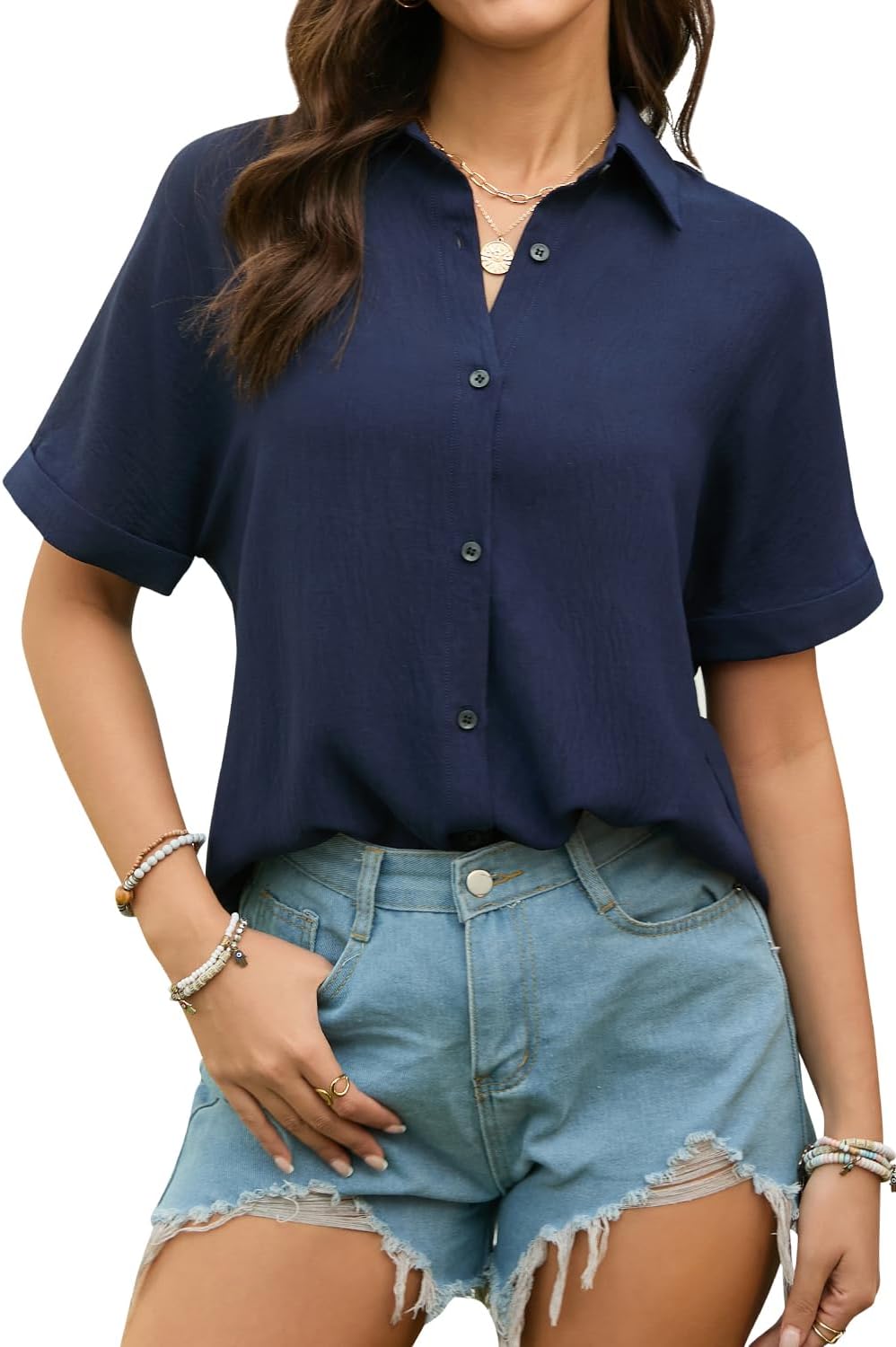 Stamain Women Shirts Short Sleeve Blouses Summer Casual Shirts for Women UK Button Down Loose Fit Ladies Solid Color Blouse
