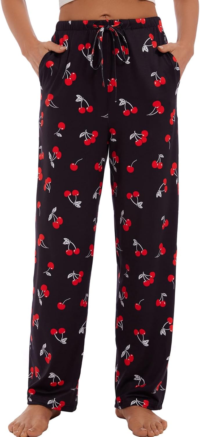 iniber Comfy Pajama Pants for Women Stretch Drawstring Lounge Pants with Pockets Casual Wide Leg Pjs Bottoms