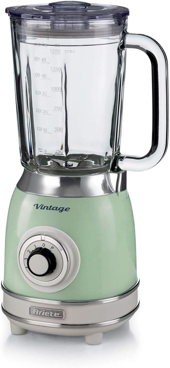 Ariete Vintage 58304 Glass Jug Blender, 1000W, 1.5 Litre Capacity Glass Jug, 4 Speeds + Pulse, Ice Crush Function, Anti Slip Feet, Stainless Steel Blades, Green