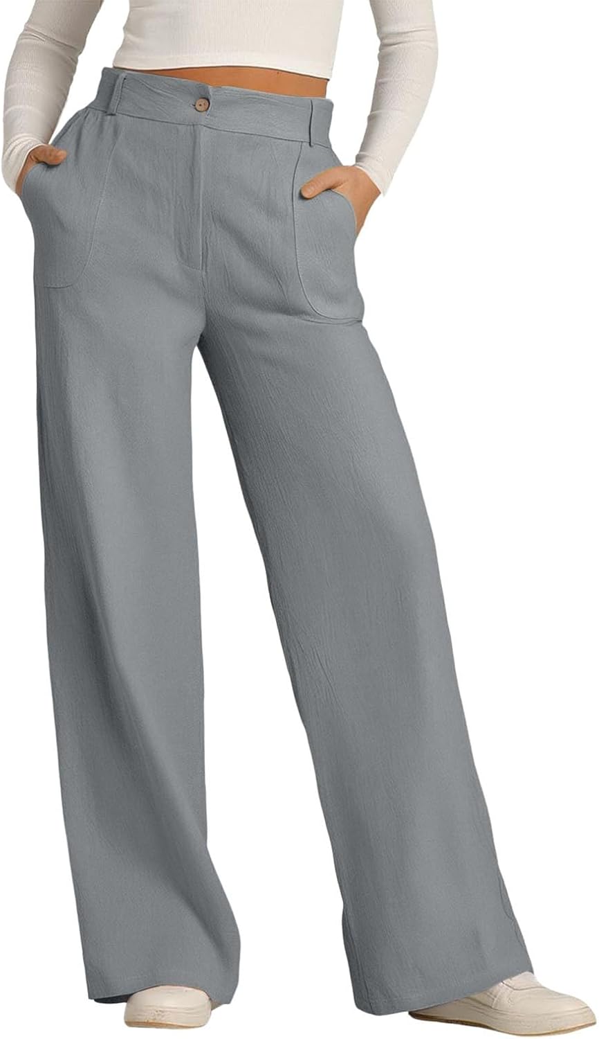 Women's Cotton Linen Wide Leg Trousers - Solid Colour Button Down Casual Pants with Pockets Straight Leg Loose Fit Comfortable Office Wear & Smart Leisure Style Pant Dress Work Slacks