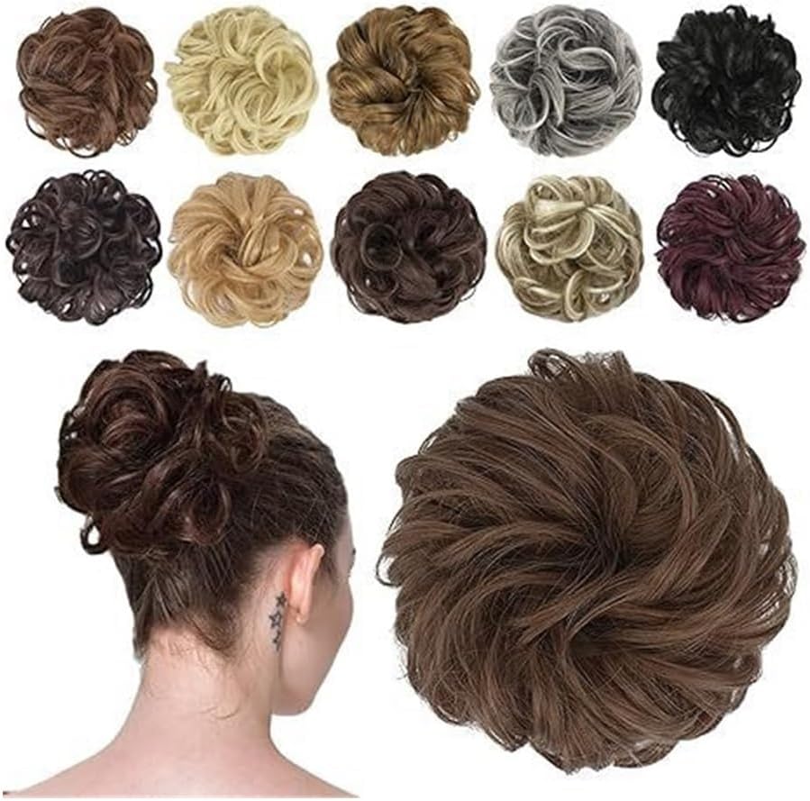 Messy Bun, Wig women's elastic curl hair ring fluffy ball head hair iron simulation matte flower corn bun,Bun for Hair(Black Mix Gray)