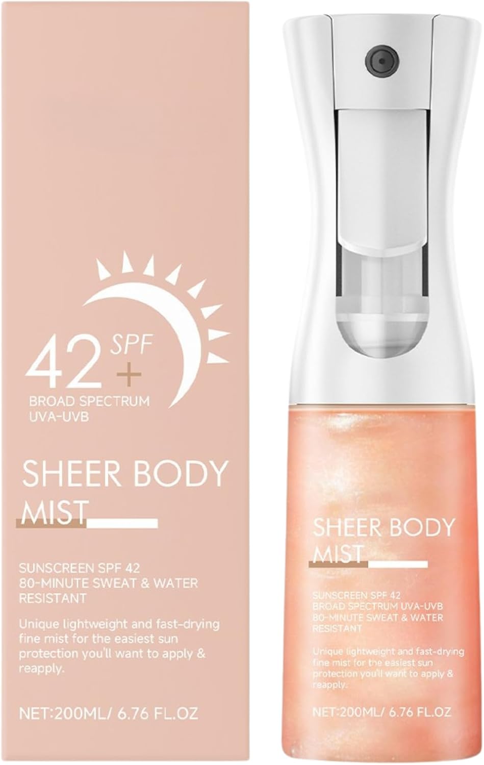 Sun-glaze Sheer Body Mist Sunscreen Spray SPF 42, Sun Cream Spray with Broad Spectrum UVA-UVB, Hydrating Shimmer Body Oil, Sweat&Water Resistant, Lightweight&Fast Absobing, For All Skin Types, 200ml