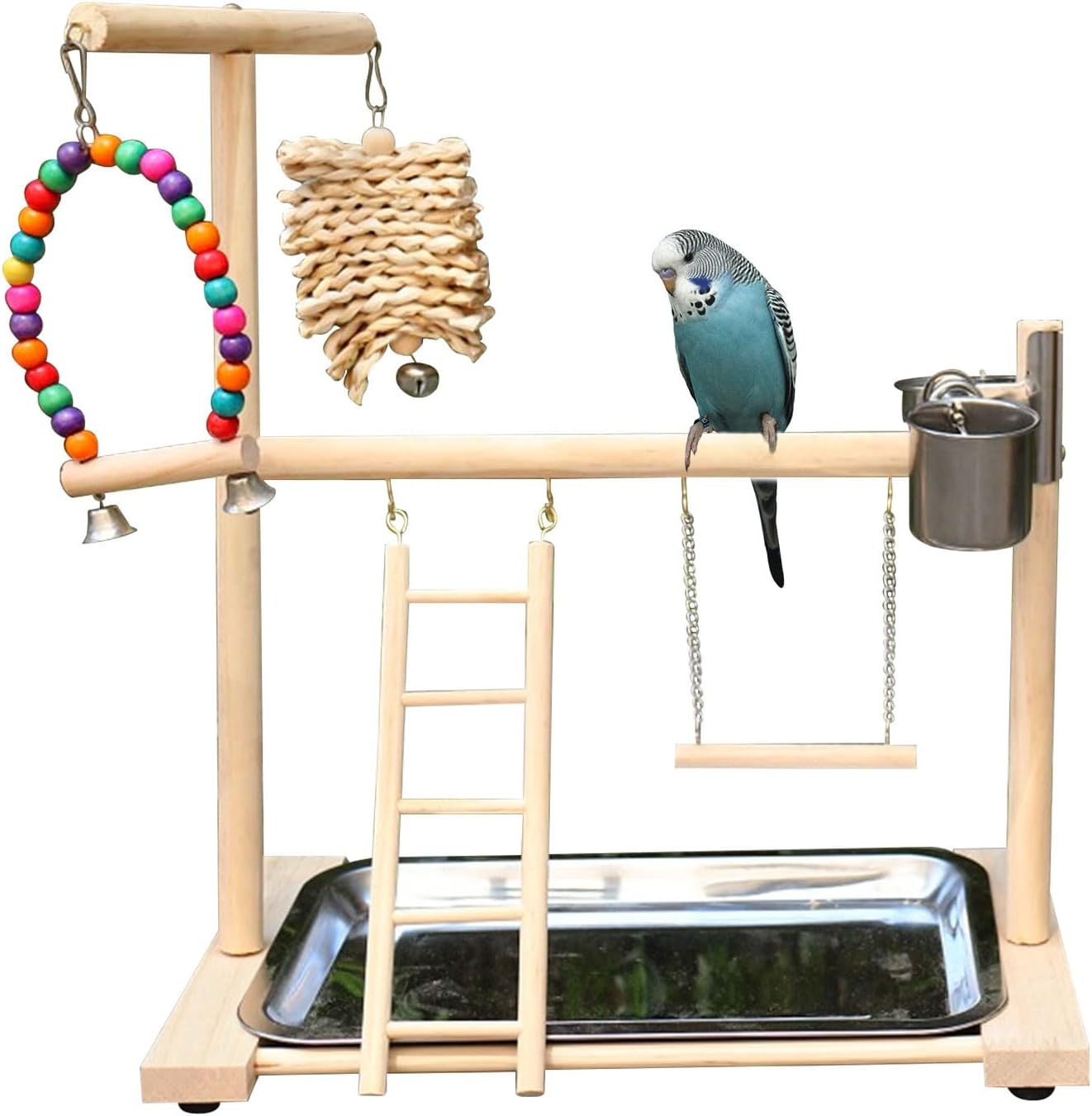 DWE Wooden Bird Playground, Parrot Perch Stand with Tray Feeder Cup Ladder Swing Toys, Budgie Gym for Conures Parakeet Cockatiel Parrots (A)
