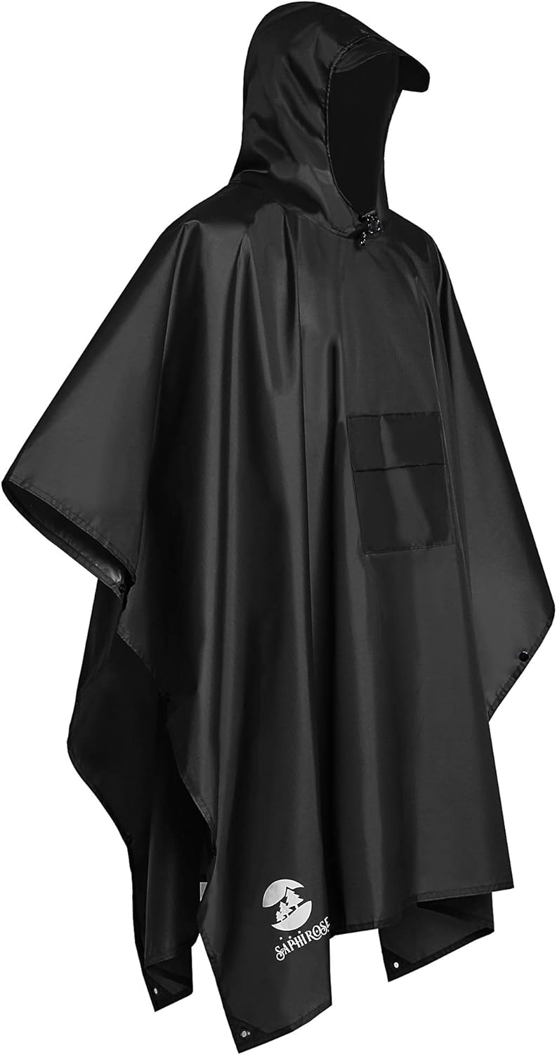 3-in-1 Multi-Functional Rain Poncho Adult 85.8 x 55.5 inches Polyester Outdoor Rainwear - Waterproof Raincoat, Sunshade Tarp, Tent Ground Sheet Mat Black