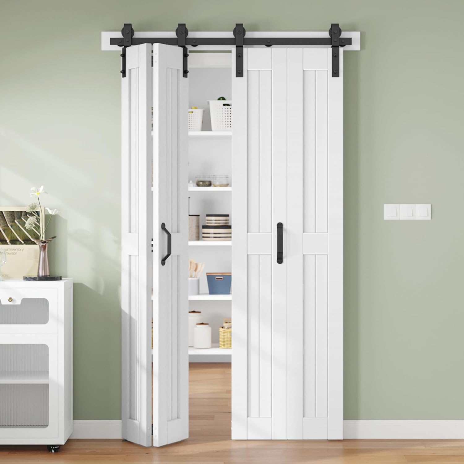 Bifold Barn Door 56 x 84 in (Four 14x84 Inch),Bi-fold Sliding Closet Doors with Hardware Track kit Included 5.6ft Rail for 4 Doors and Track Connector Black,Save Space,DIY Assembly.
