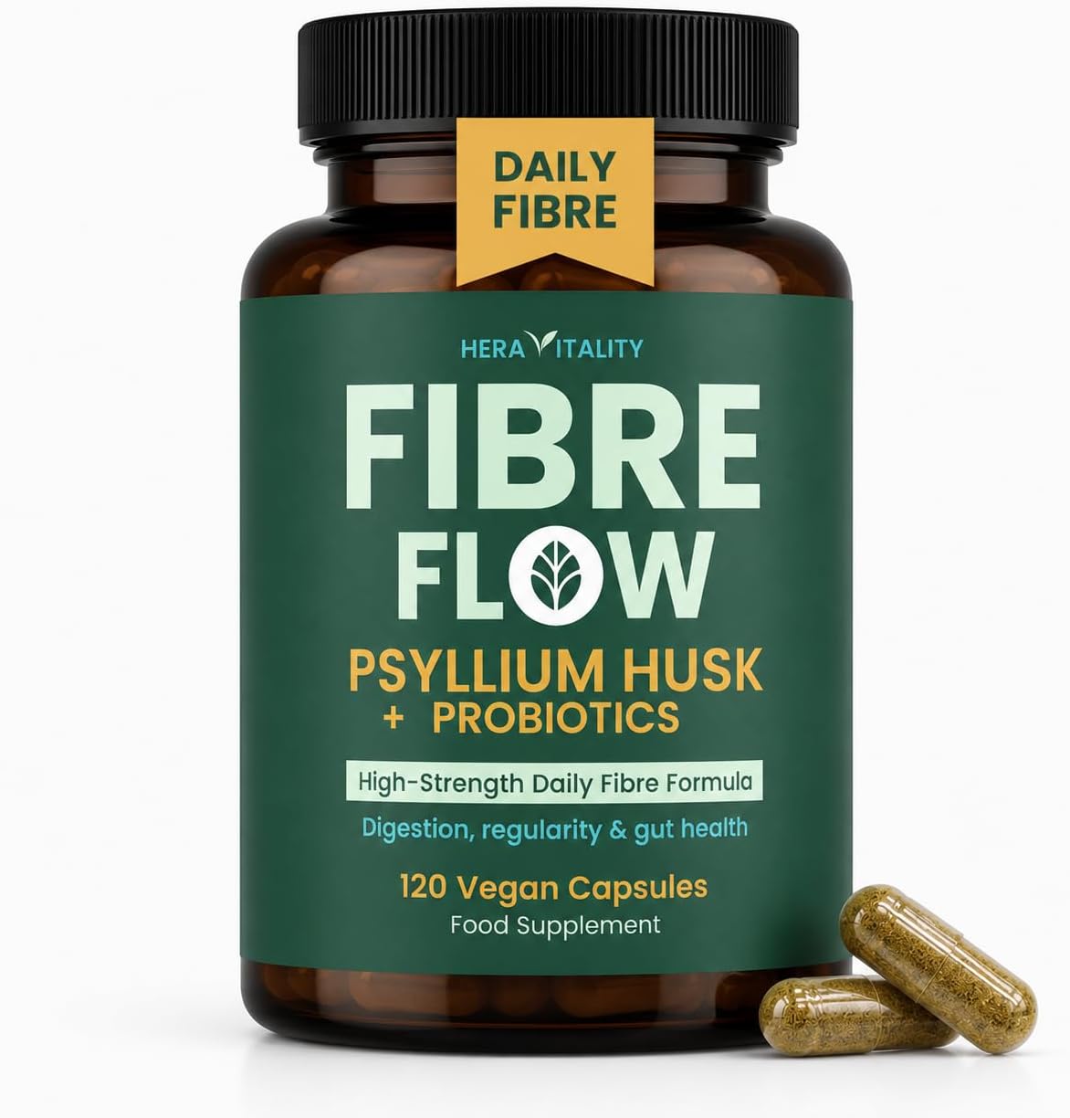 Psyllium Husk Fibre Supplement 5000mg + Probiotics – High Strength Digestive Gut & Regularity Support – 120 Vegan Fiber Capsules, UK Made – HERA Vitality