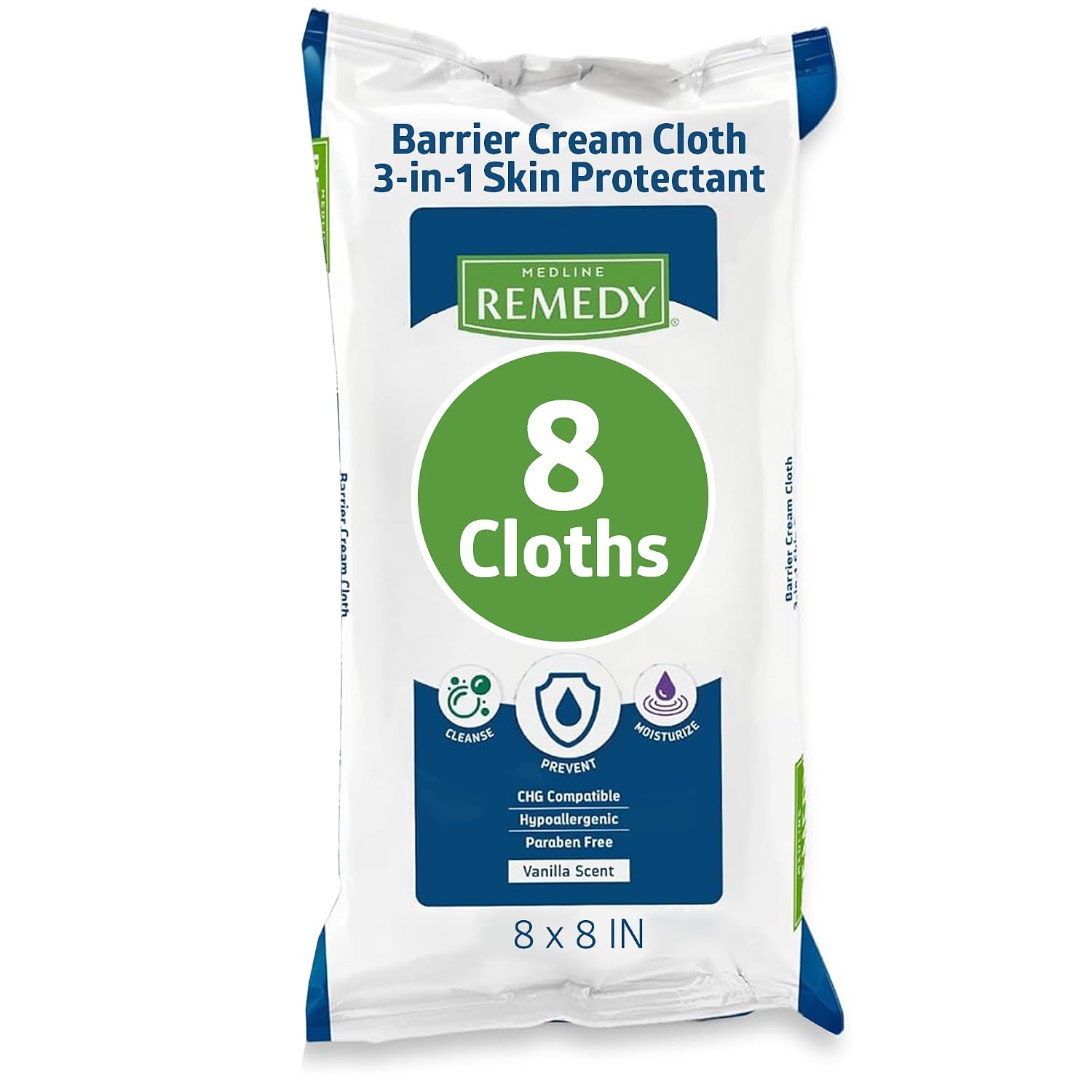 Medline Remedy Clinical 3-in-1 Barrier Cream Cloth, 8 count (1 Pack), 8 x 8 in Adult Wet Wipes, Vanilla Scent, Incontinent Care, Dimethicone, Irritated Skin, Soothing, Nourishing, Gentle