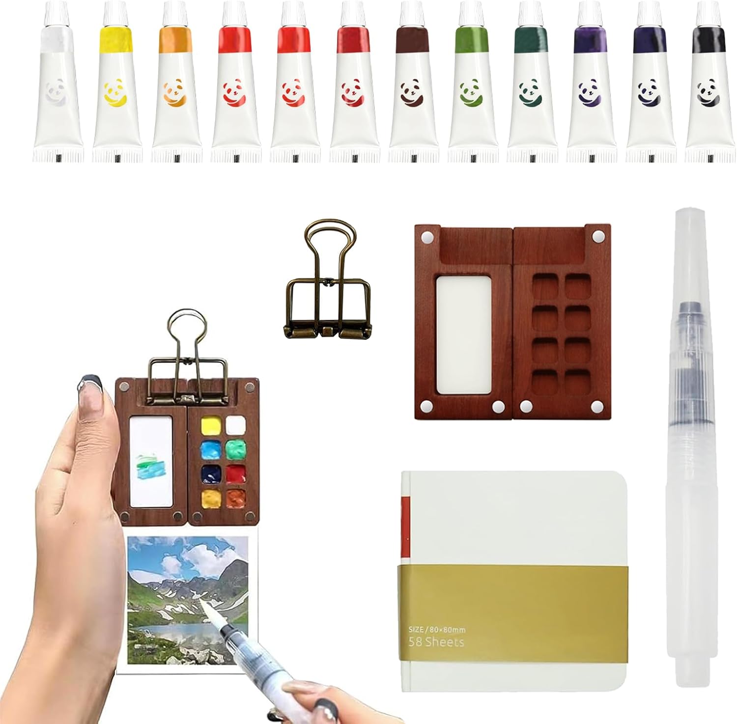 5 Pcs Portable Watercolor Palette, Pocket Artist Watercolour Travel Set Travel Paint Palette with 8 Grids Mini Wooden Palette Watercolor Pen Sketchbook Metal Clip for Watercolor Artist Enthusiast