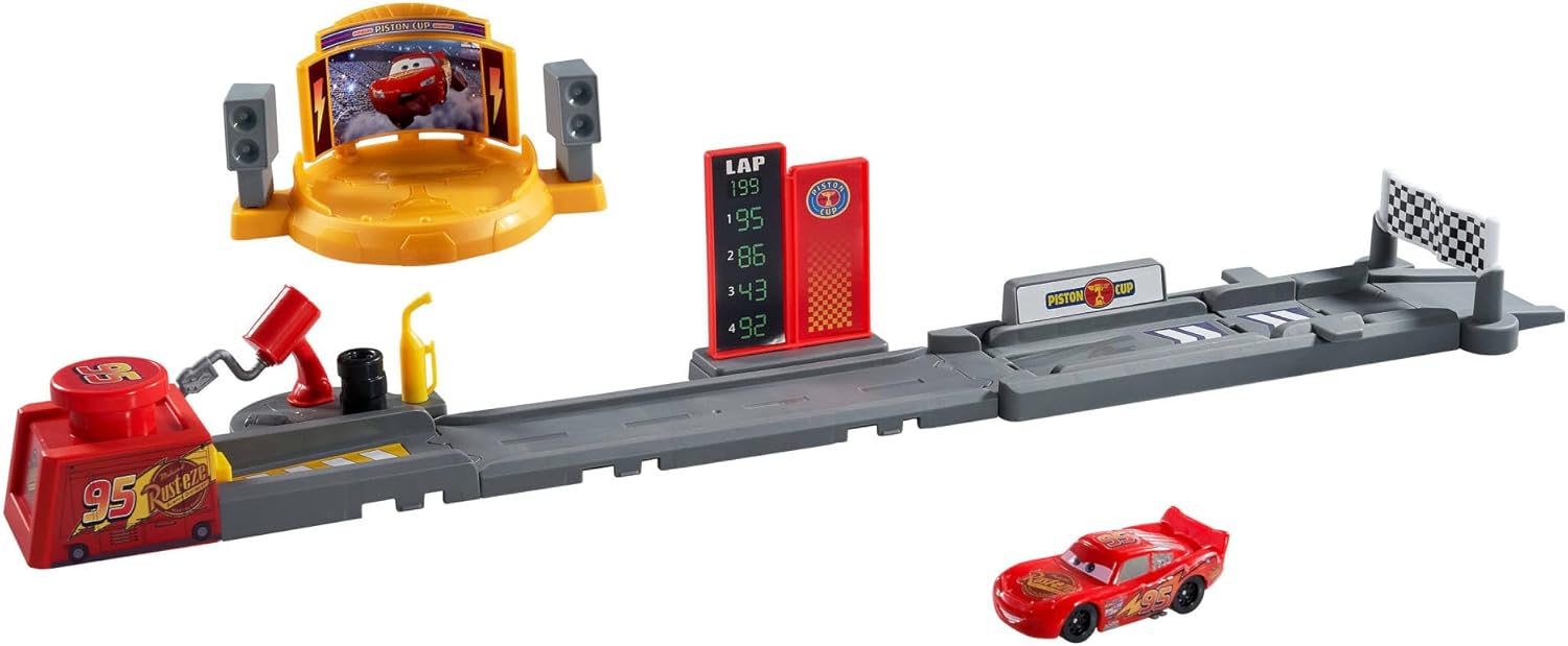 Mattel Disney and Pixar Cars Toy Playset, Piston Cup Jump and Stunt Runway with Lightning McQueen Vehicle, More than 20-inches Long, 2 Ways to Play