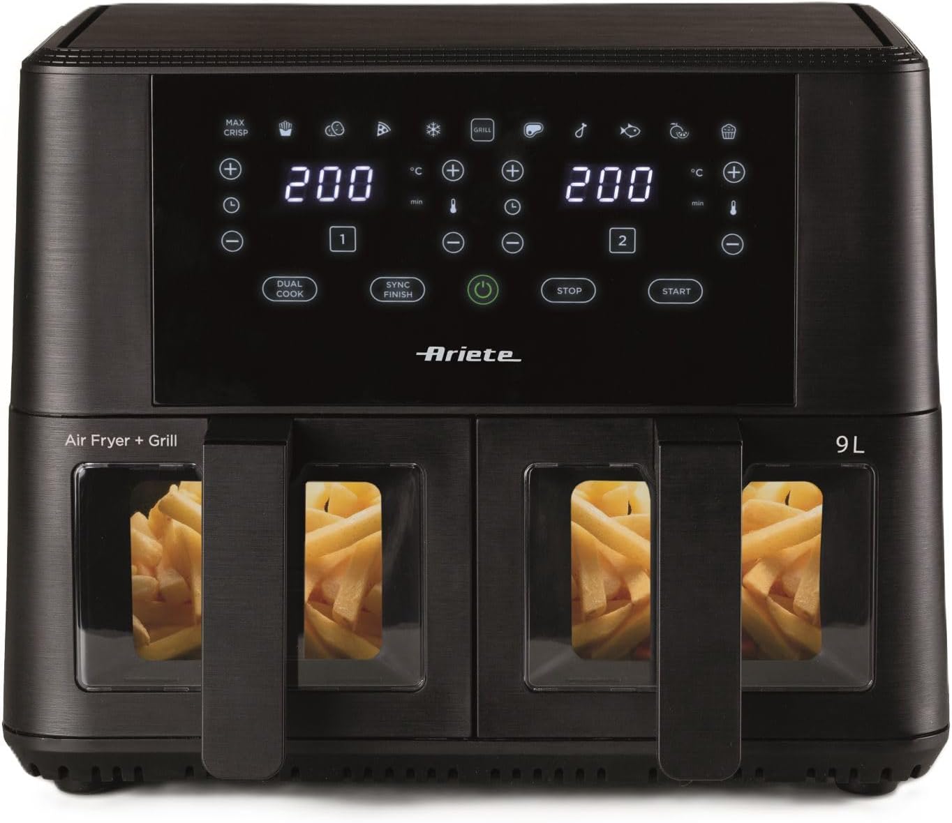 Ariete 4631 double air fryer, 9 l, 2400 W, total capacity 9 l, 11 programs, multifunctional, up to 3.6 kg fried, temperature up to 200 °C, double basket, BPA free, black