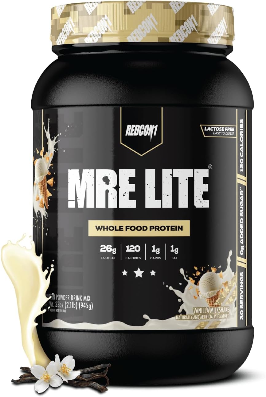 REDCON1 MRE LITE Whole Food Protein Powder, Vanilla Milkshake - Lactose Free & Sugar Free Meal Replacement with Animal Protein Blends - Easy to Digest Formula - Only 1g Carb per Serving (30 Servings)