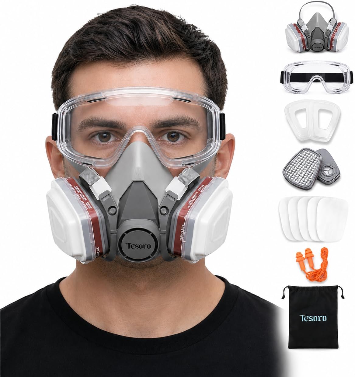 Respirator Mask for Spray Painting, Woodworking, Welding, Dust, and General Safety with Clear Eye Goggles, 10 Replacement Filters, Half Face Cover with Safety Glasses