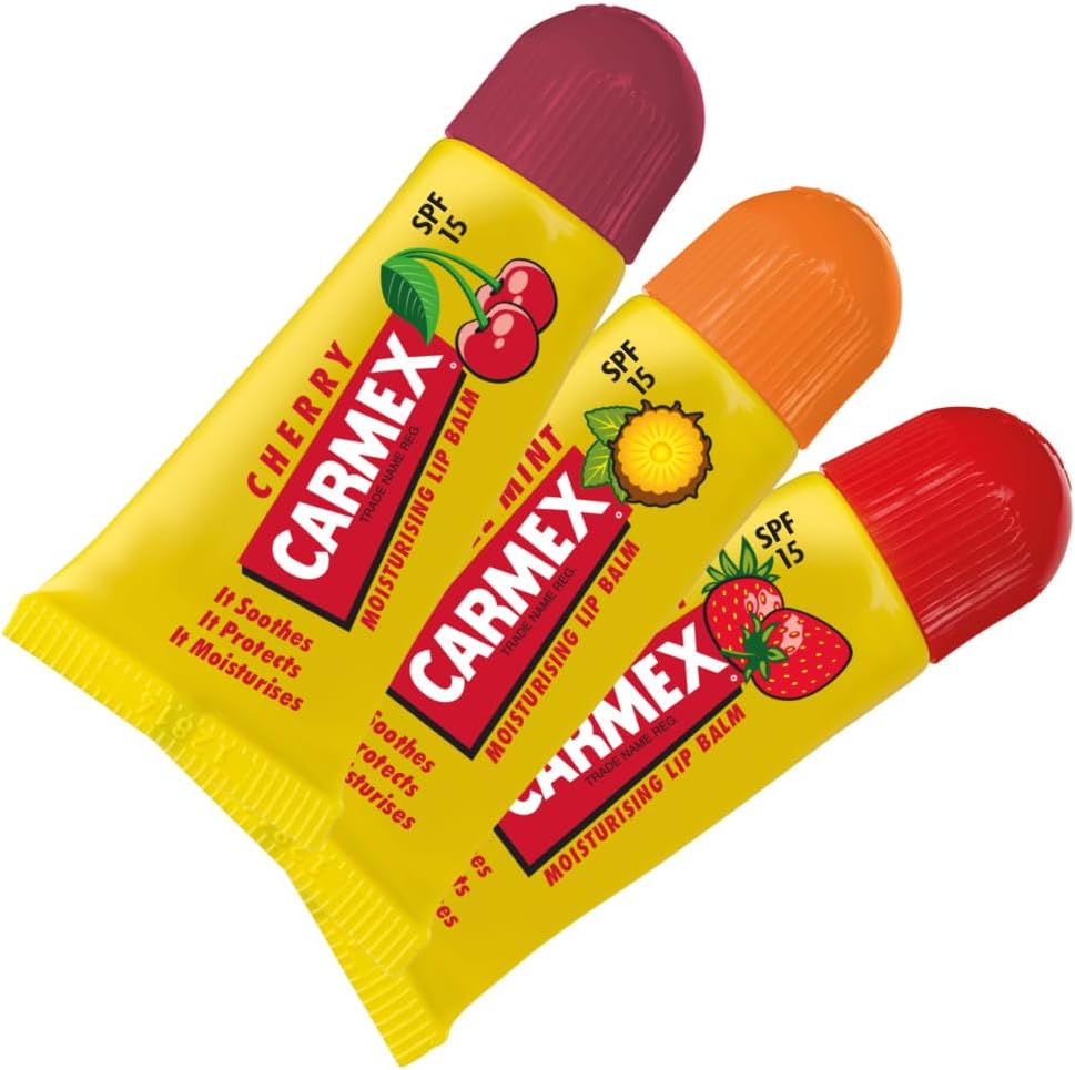 CARMEX Minis Lip Balm Tube Trio Pack, SPF15 (Cherry, Strawberry & Pineapple Mint) Soothes, relieves, and moisturises for soft, healthy-looking lips