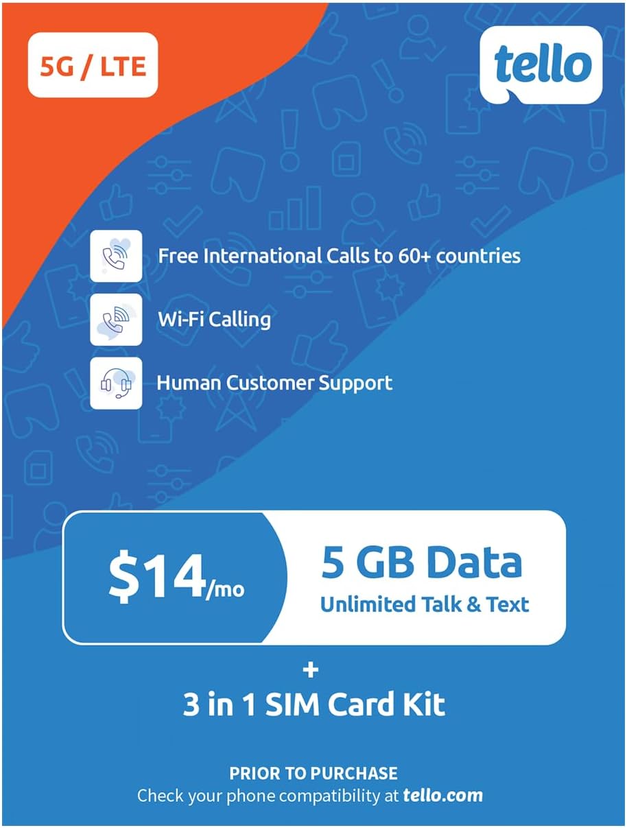 $14/Month - 5GB Data + Unlimited Minutes & Texts | Tello Mobile Prepaid Phone Plan | Bring Your Own Phone Kit | 3 in 1 SIM Card Included | US Nation-Wide 4G LTE/5G Coverage