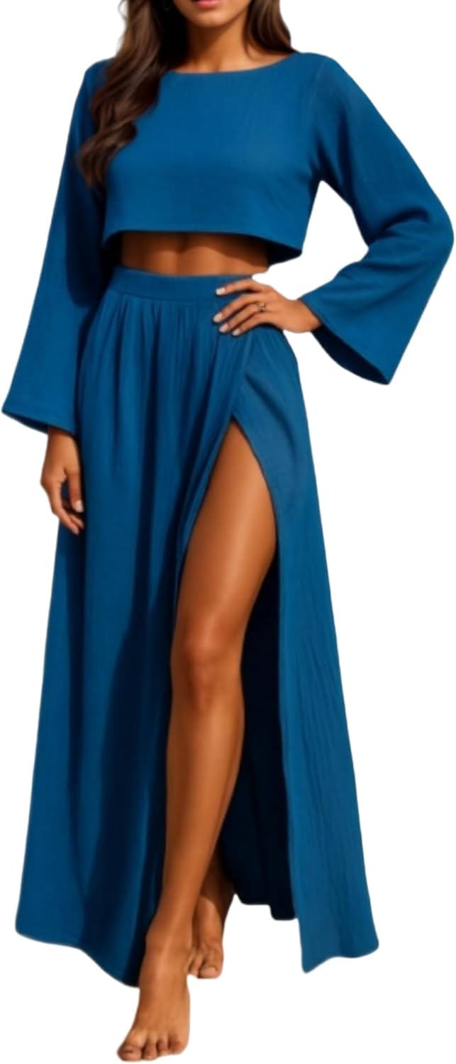 High Slit Skirt Set, Sexy Long Sleeve Crop Top Double Slit Skirt Set Women's Sexy 2 Piece Maxi Skirts Sets Linen Two Piece
