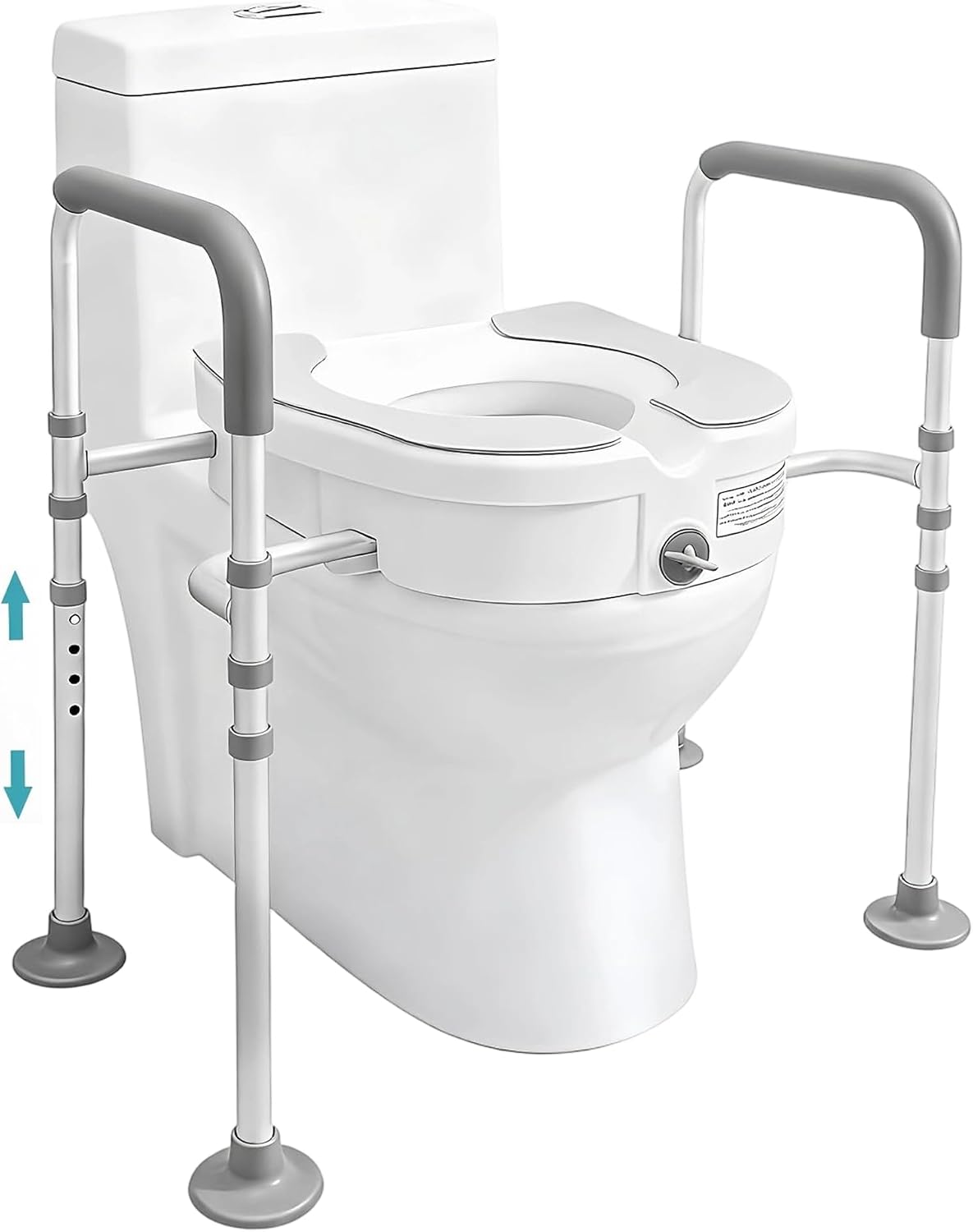 Raised Toilet Seat with Handles, Grey&White | 4-Legged Fixing, Thickened Aluminum Alloy, Toilet Safety Rails, For Seniors, Stronger Stability,500lbs