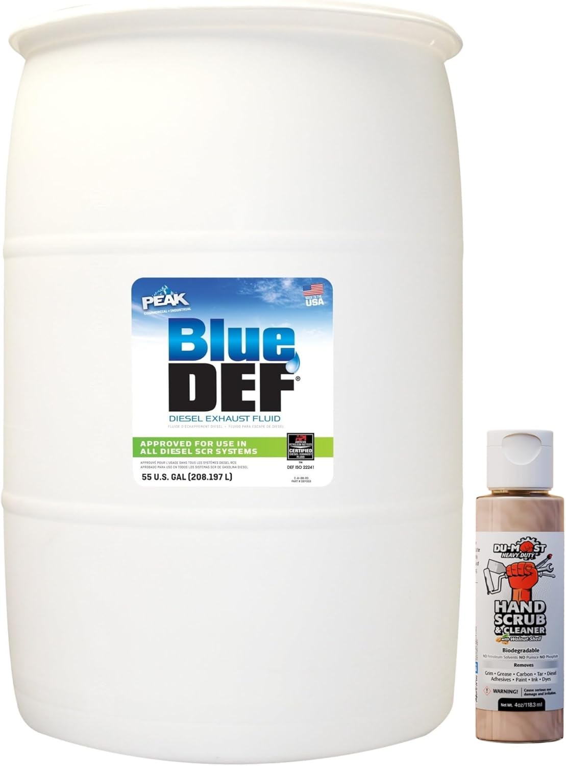 BlueDEF DEF001 Diesel Exhaust Fluid 55 Gallon Drum Bundle with DU-Most Walnut Hand Scrub Travel Size, 4 oz
