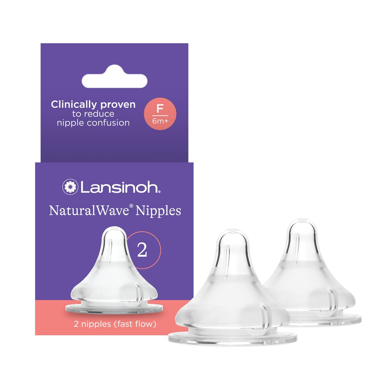 Lansinoh NaturalWave Baby Bottle Nipples – 100% Soft, Durable Silicone, Made Without BPA BPS, Anti-Colic, Supports The Baby’s Developing Mouth and Teeth, Fast Flow, Size F, 2 Count, 6+ Months