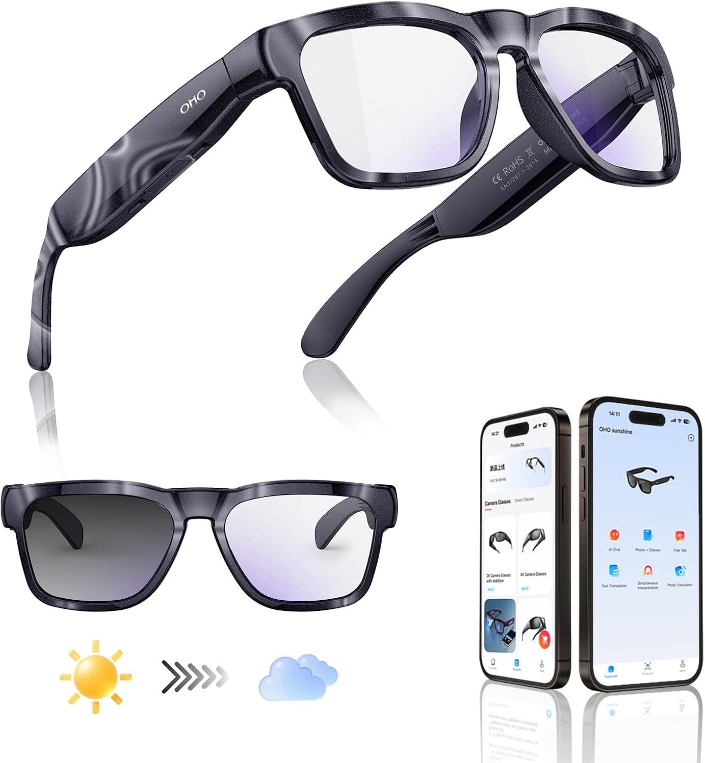 OHO AI Glasses with Bluetooth Audio, Hands-Free Calling, High-Impact 2.0mm Photochromic Blue Light Lenses, Sweat Resistant