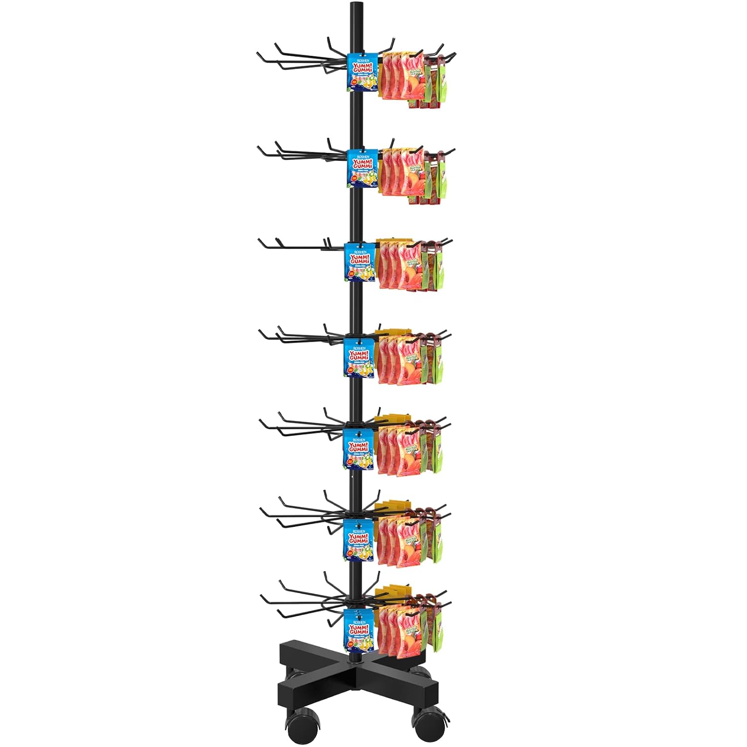 Retail Rotating Display Stand 7 Tier, Display Rack with Hooks for Store Display Movable Shop, Display Spinner Stand for Snacks Jewelry Keyring Hats Socks Toys