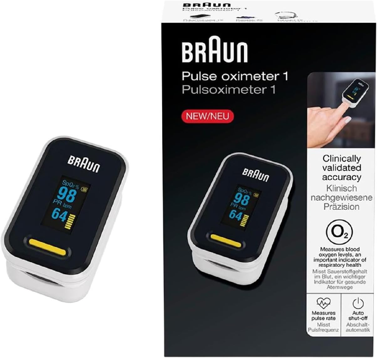 Braun Pulse Oximeter 1 - Accurate Blood Oxygen Finger Monitor - Easy-to-use at Home - For COPD, Pneumonia, Sleep Apnea Sufferers - Great for Athletes- YK-81CEU