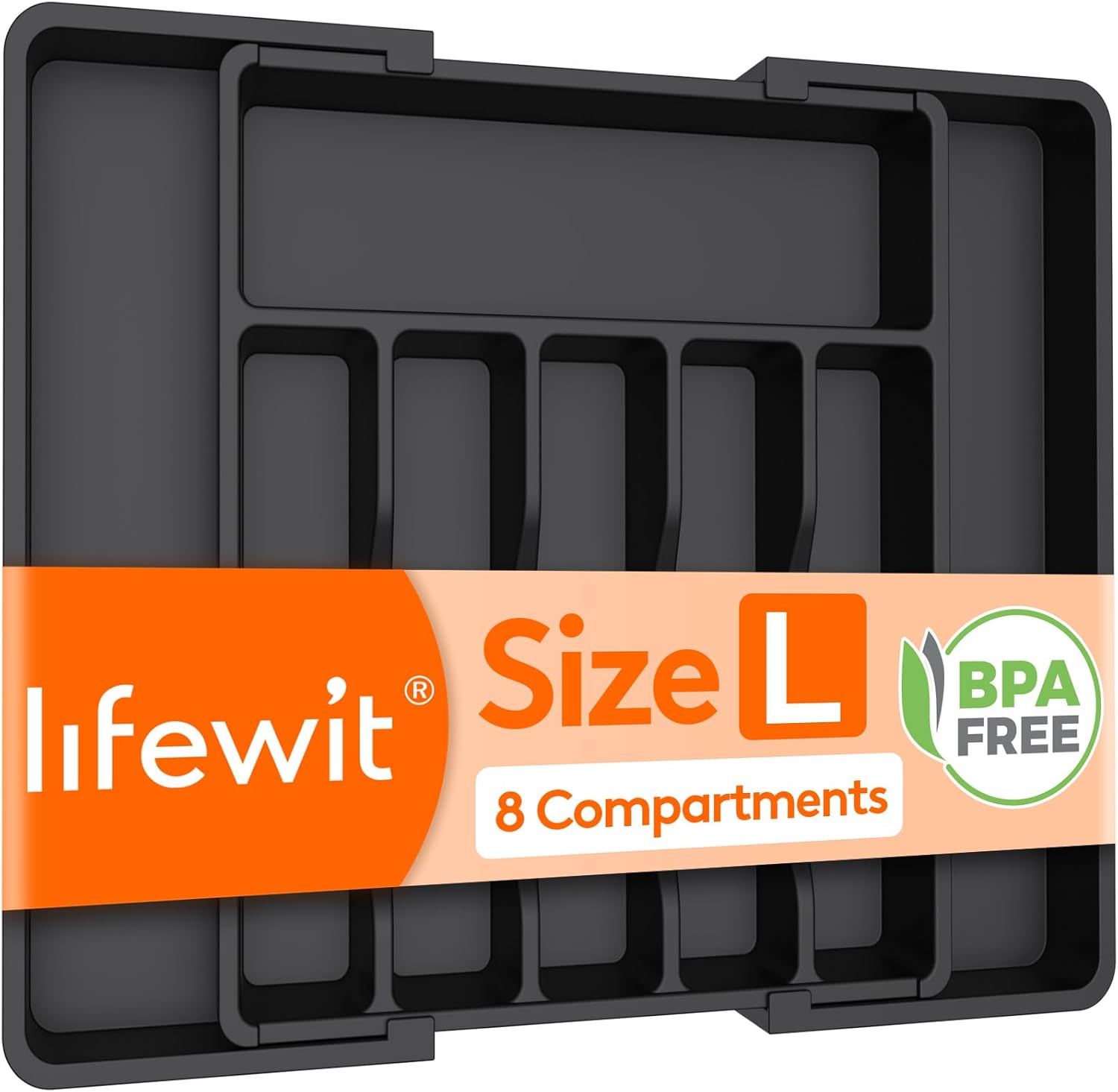 Lifewit Cutlery Drawer Organiser Large, Extendable Cutlery Tray,8 Compartment, Kitchen Drawer Organiser Utensil Spoons Forks Knives, Black