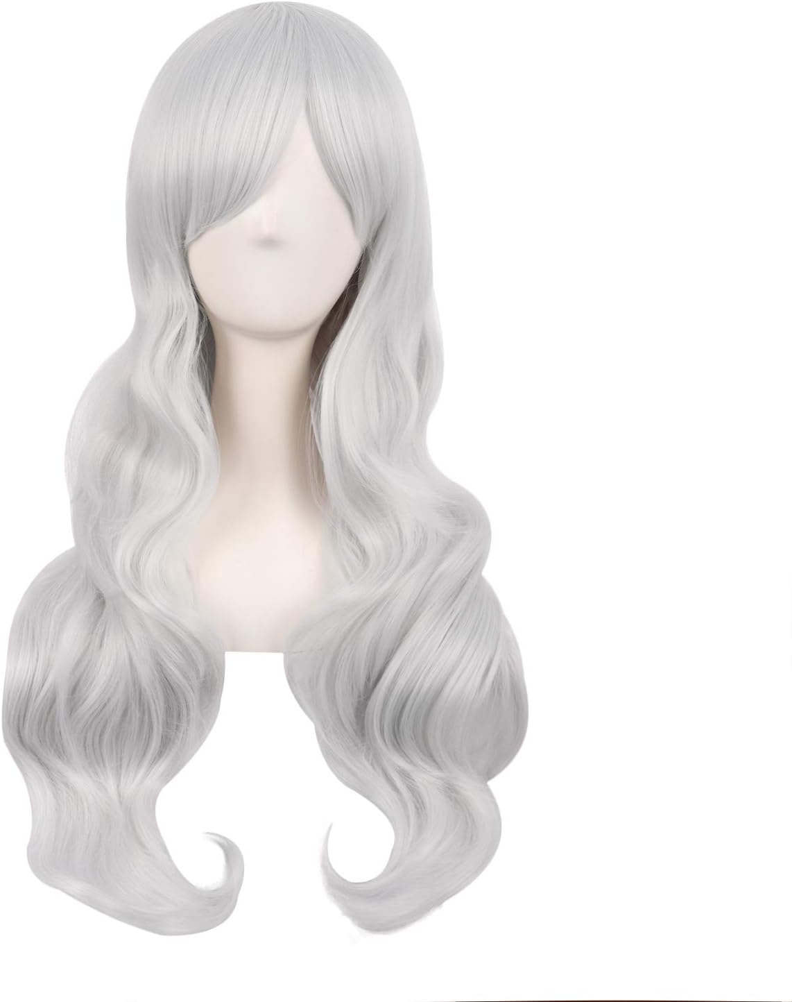 MapofBeauty 28 Inch/70cm Charming Women Side Bangs Long Curly Full Hair Synthetic Wig (Silver)