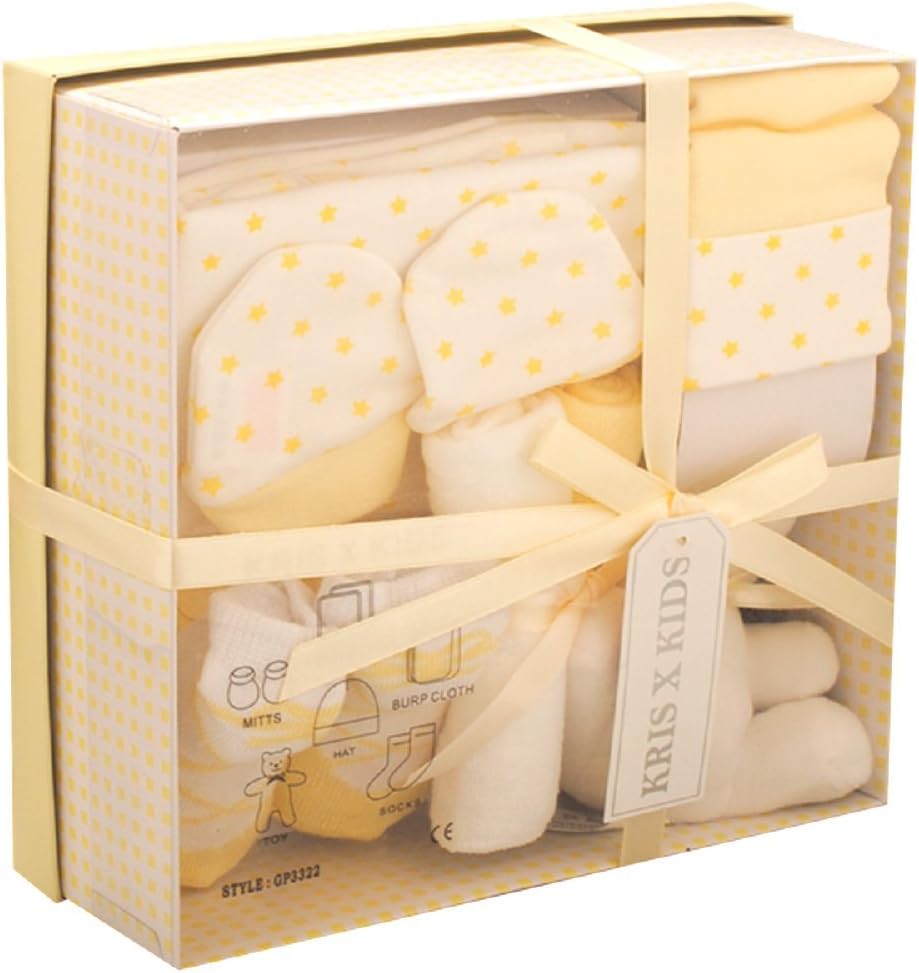 Newborn 7 Piece Luxury Boxed Gift Set, each box contains 1 x Teddy, 1 x Hat, 1 x Pair of Mittens, 2 x Wash Cloths, 1 x Pair of Socks and 1 x Burp Cloth Lemon set