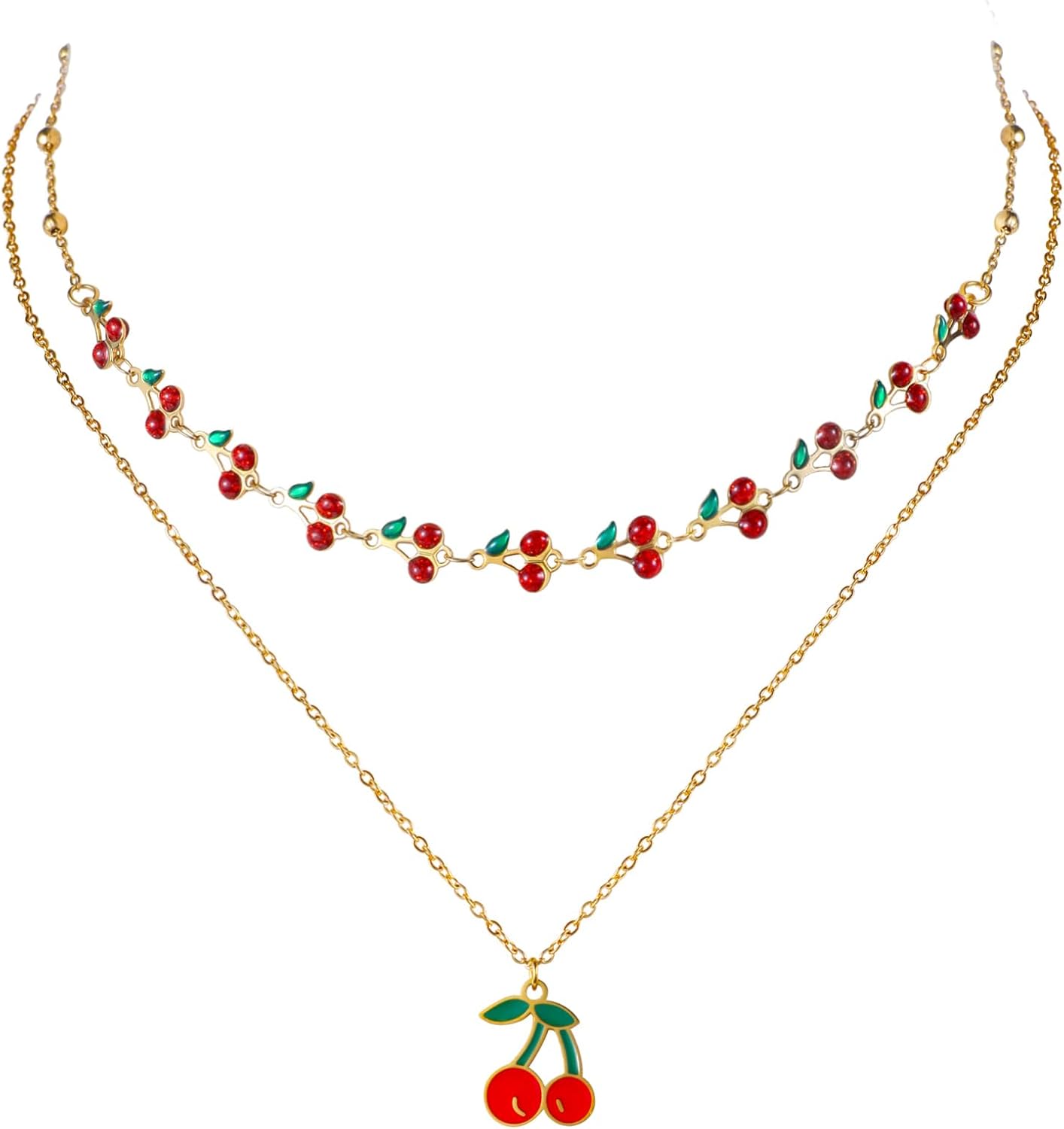 Jojomina Cherry Necklace for Women 2PCs 14K Gold Plated Layered Dainty Pendant Cute Summer Fruit Jewelry Accessories