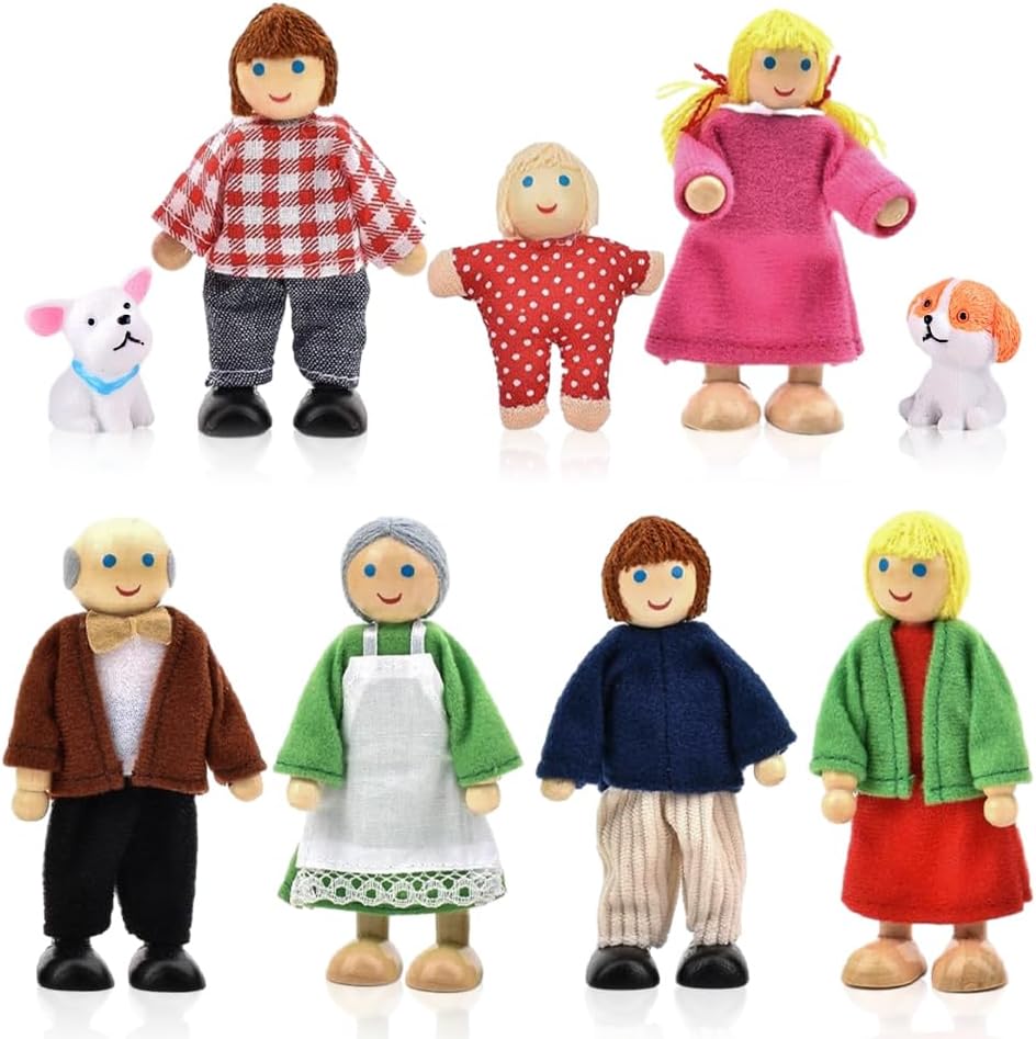 Riisoyu Wooden Dolls House Family, Set of 7 Wooden Dollhouse People with Dog Dolls Toys Happy Bending Dolls House Furniture Children Game Dollhouse Accessories People Dolls Playset for Kids Gift