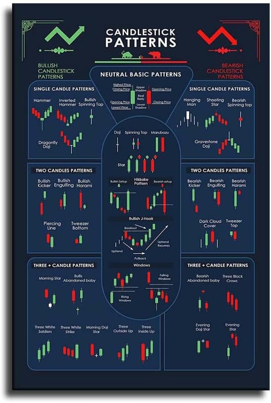 LILIIY Candlestick Patterns Trading Chart, Technical Analysis Investor Poster, Stock Market Decor (16x24inch-No Frame)