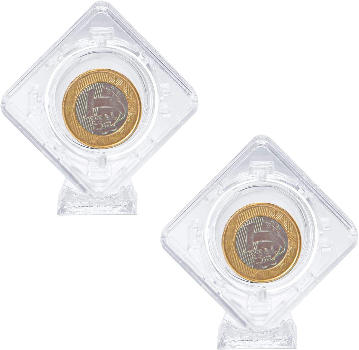 2 Pcs Coin Display Case Stand Holders for Collectors 3D Rotatable Floating Coin Capsules Frame Clear Acrylic Protector Sleeves Container Box for Medallion Medal Specimen(1.6X 1.6in)